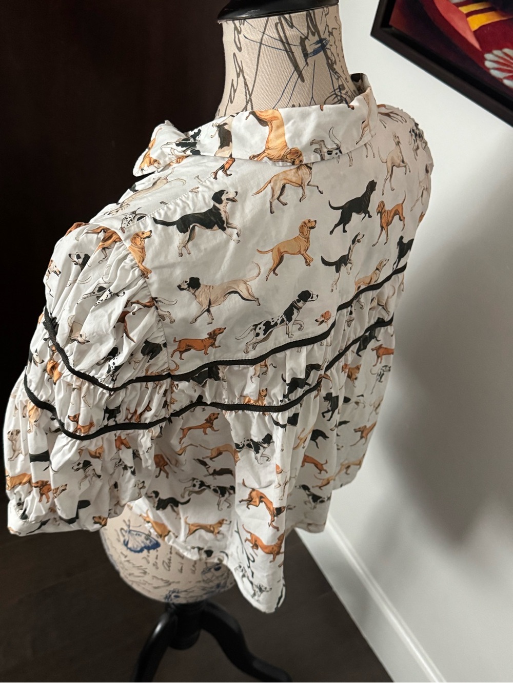 Anthropologie Maeve White Button-Front Dog Print Blouse with Black Trim - Picture 2 of 4